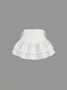 SHEIN MOD Lace Up Side Layered Ruffle Hem Eyelet Lace-Up Decoration White Skirt - White - View 2