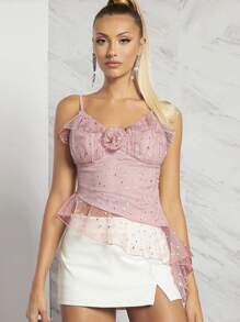 L'Amorae Ruffle 3D Rose Glitter Dot Cami Top - Baby Pink - View 1