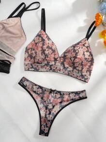 3packs Floral Lace Bra & Panty Lingerie Set - Multicolor - View 4