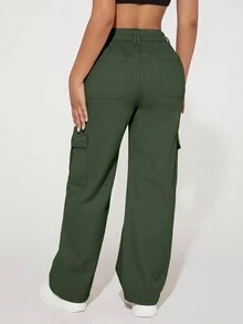 SHEIN PETITE High Waist Flap Pocket Cargo Jeans - Army Green - View 2