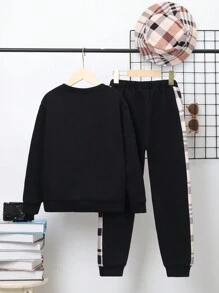 SHEIN Cậu bé Tween Đồ họa Chữ cái Áo chui đầu & Tương phản Đường may bên Quần thể thao - màu đen - Xem 2