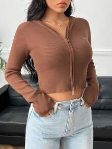 SHEIN EZwear 拉鏈開襟連帽開襟衫 - 紅木色 - 查看 3