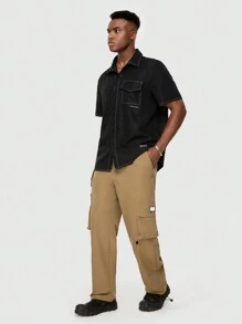 ROMWE MEN Street Life Guys Letter Patched Detail Flap Pocket Side Drawstring Waist Cargo Pants - Khaki - View 2
