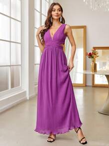SHEIN Belle Plunging Neck Crisscross Tie Back Chiffon Bridesmaid Dress