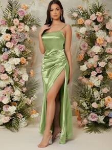 SHEIN Belle 开叉大腿缎面吊带伴娘礼服优雅正式晚会舞会婚礼宾客礼服，适合毕业典礼、晚宴派对礼服 - 薄荷綠 - 查看 1