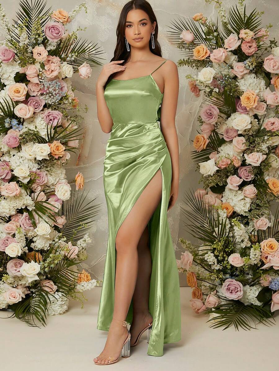 SHEIN Belle 开叉大腿缎面吊带伴娘礼服优雅正式晚会舞会婚礼宾客礼服，适合毕业典礼、晚宴派对礼服 - 薄荷綠 - 查看 1
