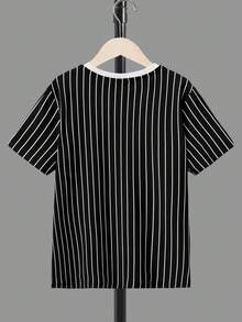 SHEIN Cậu bé Tween Đồ họa sọc & chữ Áo thun - màu đen - Xem 2