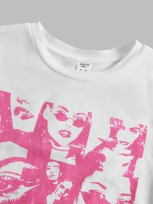 SHEIN للفتيات المراهقات جرافيك شخص تي شيرت & جيب قلاب بنطلون كارجو