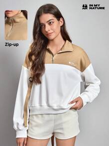 SHEIN Sports 刺绣字母图案双色半拉链落肩户外卫衣 - 白色 - 查看 1