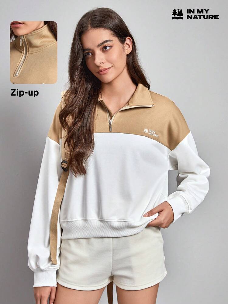 Embroidery Letter Pattern Two Tone Half Zip Drop Shoulder Outdoor Sweatshirt