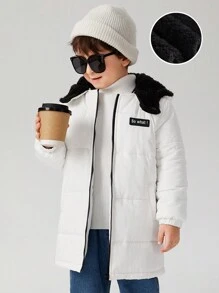 SHEIN 年轻男孩休闲宽松 3d 耳朵设计字母拼接连帽保暖棉服外套，冬季 - 白色 - 查看 3