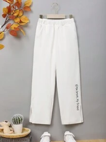 SHEIN Tween Boy Slogan Embroidery Split Hem Pants - Beige - View 2