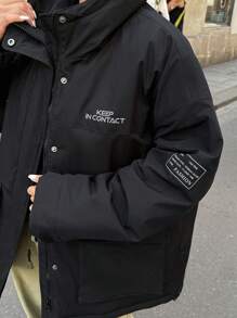 DAZY Letter Graphic Flap Pocket Drop Shoulder Drawstring Hooded Winter Thick Pockets Coat ,Winter Women Clothes,Winter Coat Women Jacket - Black - View 3