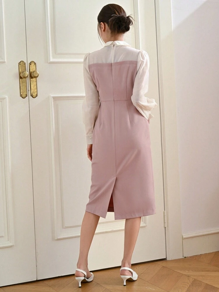 Colorblock 2 In 1 Fitted Dress Shirt Dress,Fall Clothes Long Sleeve Dress