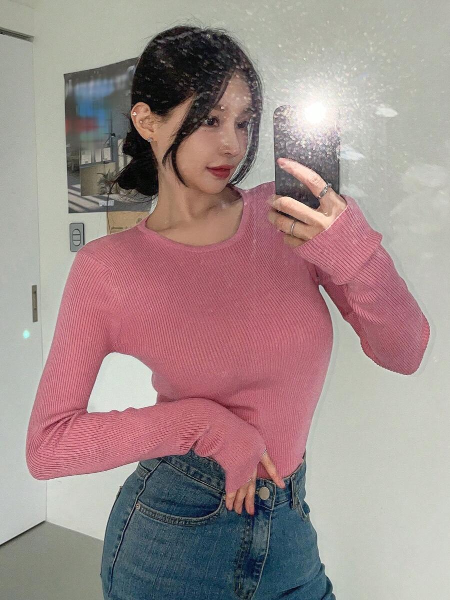 DAZY 休闲商务纯色修身毛衣，秋季女装 - 粉色 - 查看 1