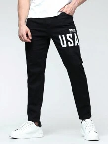 Manfinity Homme Men Plus Slogan Graphic Slant Pocket Jeans - Black - View 1