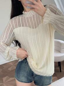 DAZY Frill Trim Mock Neck Flounce Sleeve Tee - Apricot - View 6