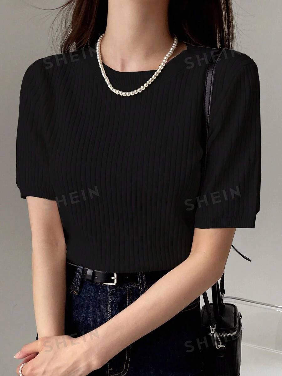 DAZY Top din tricot cu nervuri uni - Negru - Vizualizare 1