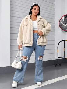 SHEIN EZwear Plus Flap Detail Drop Shoulder Teddy Jacket - Apricot - View 5