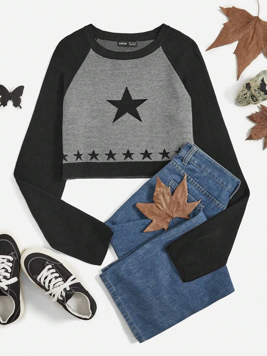SHEIN EZwear Halloween Star Pattern Raglan Sleeve Crop Sweater - Multicolor - View 1