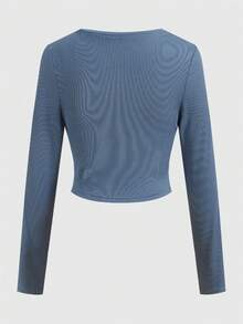 ROMWE Fairycore 圖案印花羅紋短款T恤 - 藍色 - 查看 2