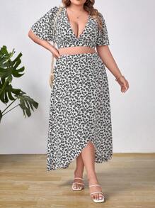 SHEIN VCAY 大碼碎花深V領後綁帶短款上衣和圍裹下擺半身裙 - 黑與白 - 查看 1