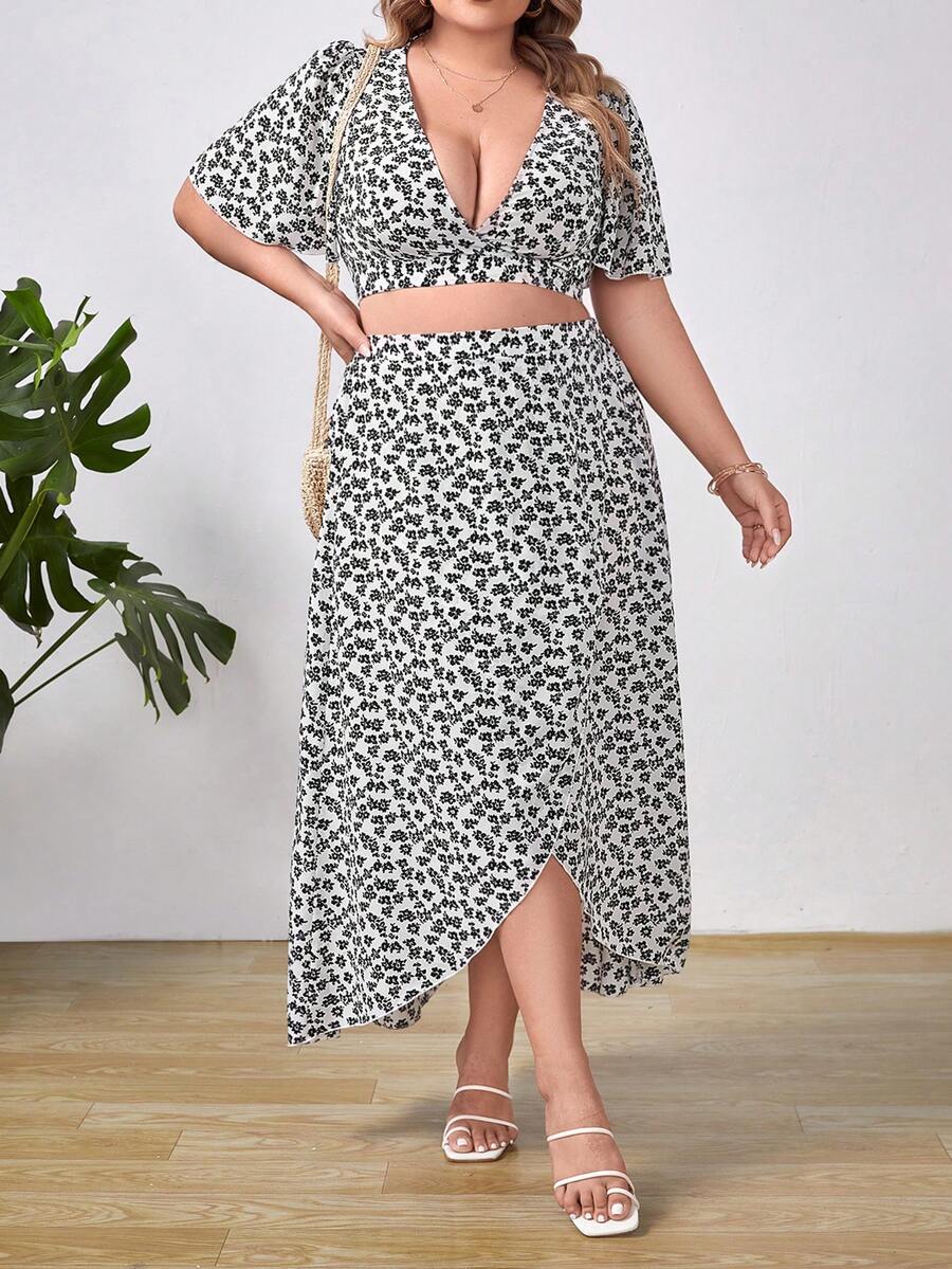 SHEIN VCAY 大碼碎花深V領後綁帶短款上衣和圍裹下擺半身裙 - 黑與白 - 查看 1