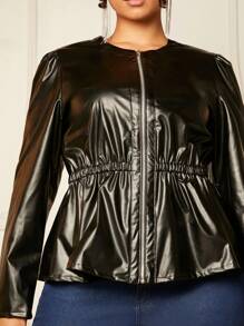 SHEIN SXY Hơn Dây kéo chất liệu da PU Áo khoác - màu đen - Xem 5