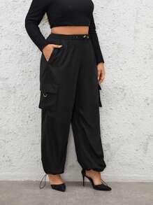 SHEIN Essnce Plus Drawstring Hem Flap Pocket Side Cargo Pants