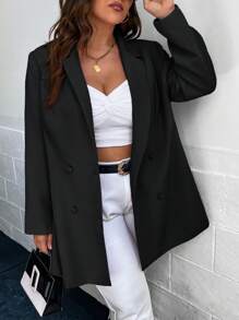 SHEIN Essnce Plus Lapel Neck Double Breasted Blazer - Black - View 4