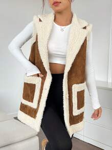 SHEIN EZwear Áo khoác vest lót gấu Teddy hai túi cho mùa thu/đông - màu nâu - Xem 5