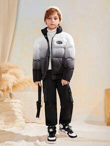 SHEIN Tween Boy 字母补丁渐变色拉链衬垫大衣 - 黑與白 - 查看 4