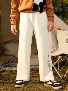 SHEIN Tween Boy Slogan Embroidery Split Hem Pants - Beige - View 5