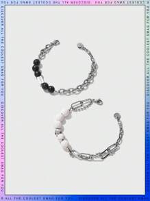 Set de 2 pulseras de acero inoxidable con diseño de piedras negras y blancas para adolescentes