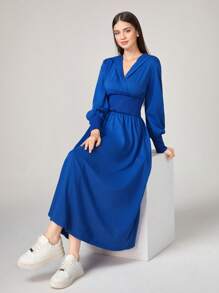 Solid Hooded Lantern Sleeve Dress - Blue - View 3