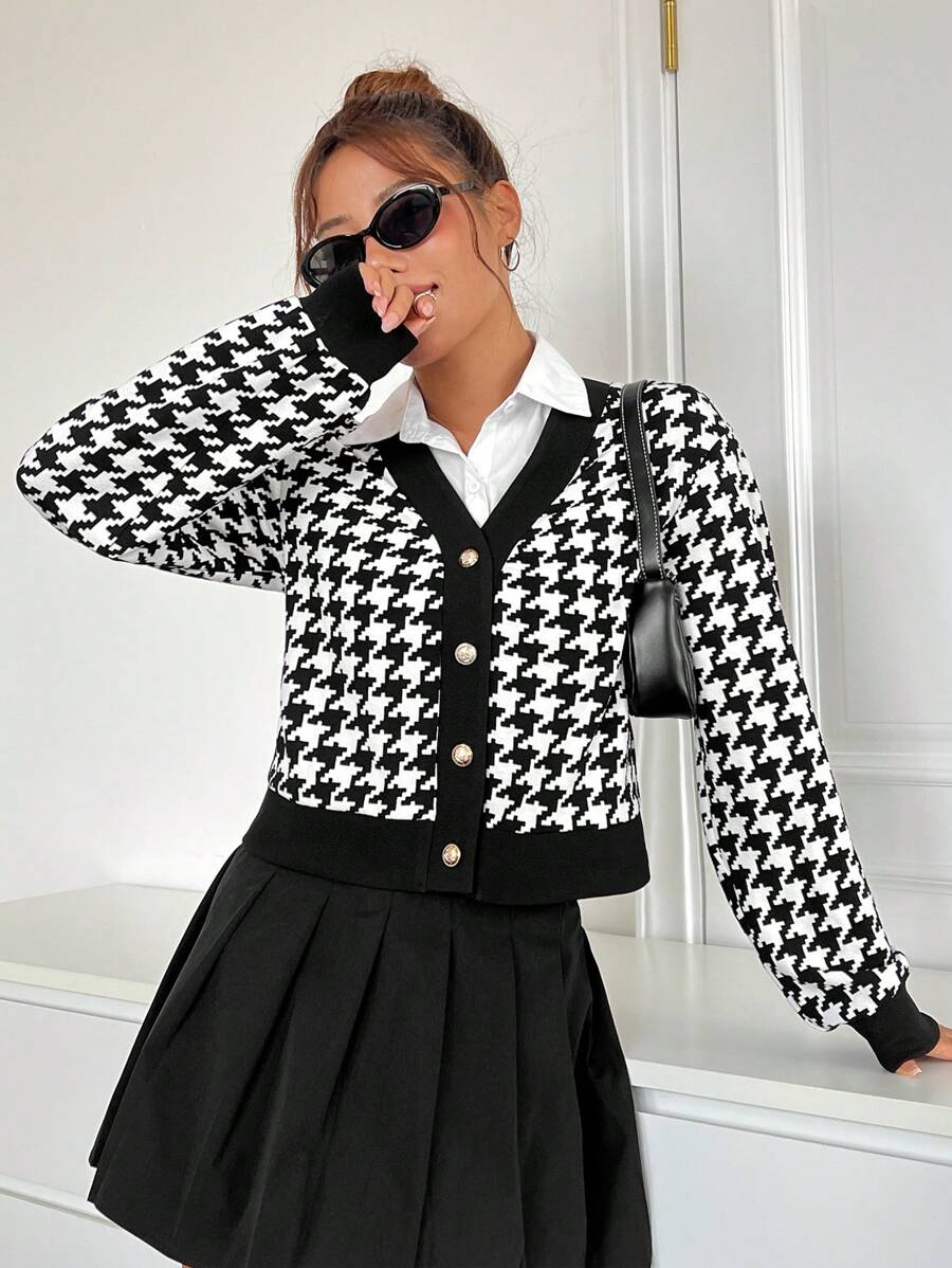 Muchica Houndstooth Print Button Front Jacket - Black and White - View 1