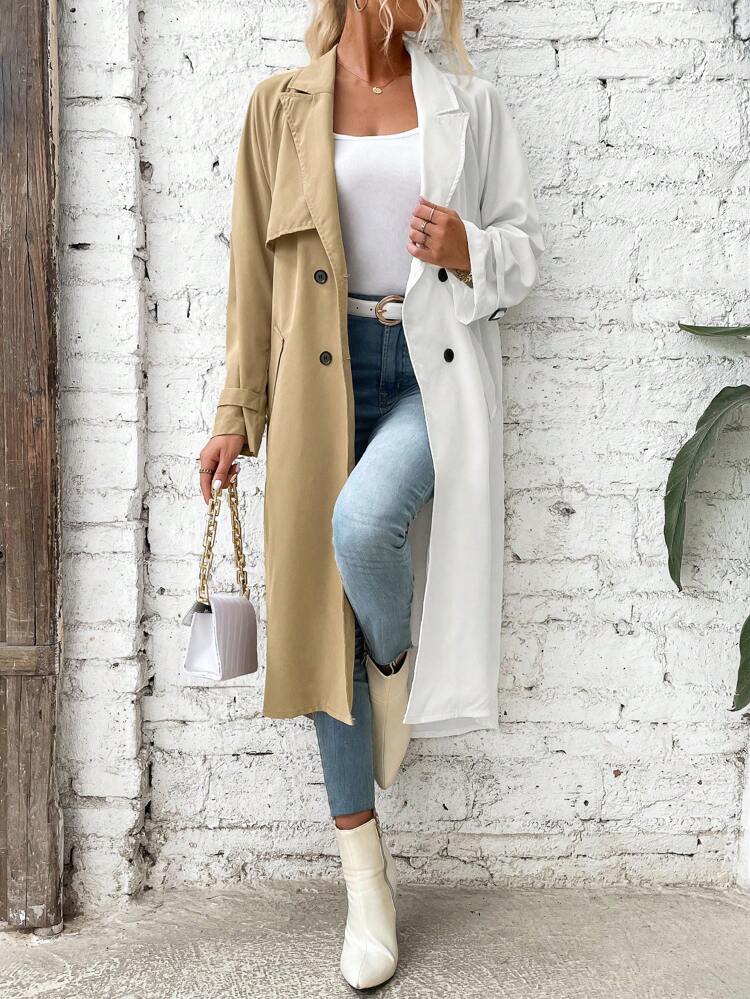 Two Tone Double Breasted Belted Trench Coat