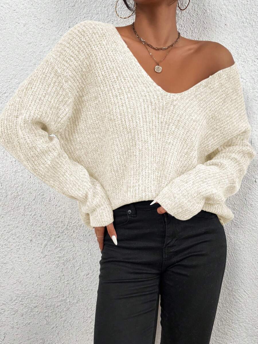 SHEIN LUNE V Neck Drop Shoulder Ribbed Knit Sweater,Long Sleeve Tops Knit Pullover Fall Winter Sweater - Beige - View 1