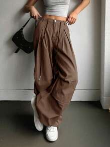 DAZY Quần jean ống rộng trơn - màu nâu - Xem 4