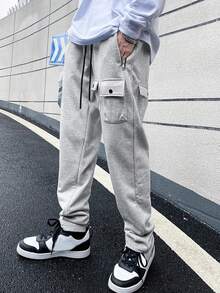 Manfinity EMRG Men Flap Pocket Drawstring Waist Sweatpants - Light Grey - View 5