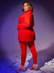 SHEIN SXY 大碼西裝領西裝外套&緊身打底褲 - 紅色 - 查看 2