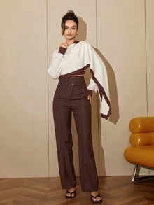 女士拼色长袖圆领时尚短款毛衣，时尚 - 彩色 - 查看 3