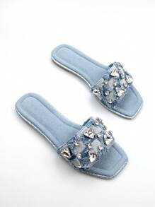 女士水钻装饰蓝色牛仔效果方头休闲平底凉鞋 - 藍色 - 查看 3
