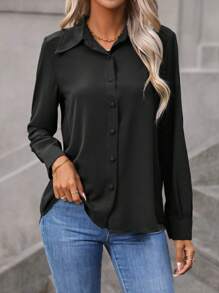 EMERY ROSE Solid Button Front Shirt,Long Sleeve Tops Fall Cloth For Women - Black - View 5