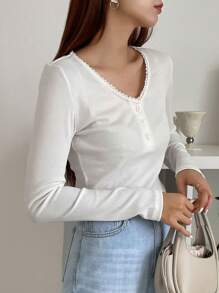 DAZY Lace Trim Button Front Tee - White - View 1