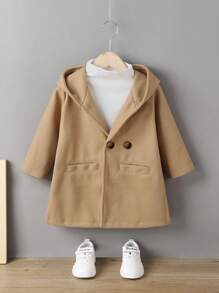 Toddler Girls Solid Double Button Hooded Overcoat - Khaki - View 1