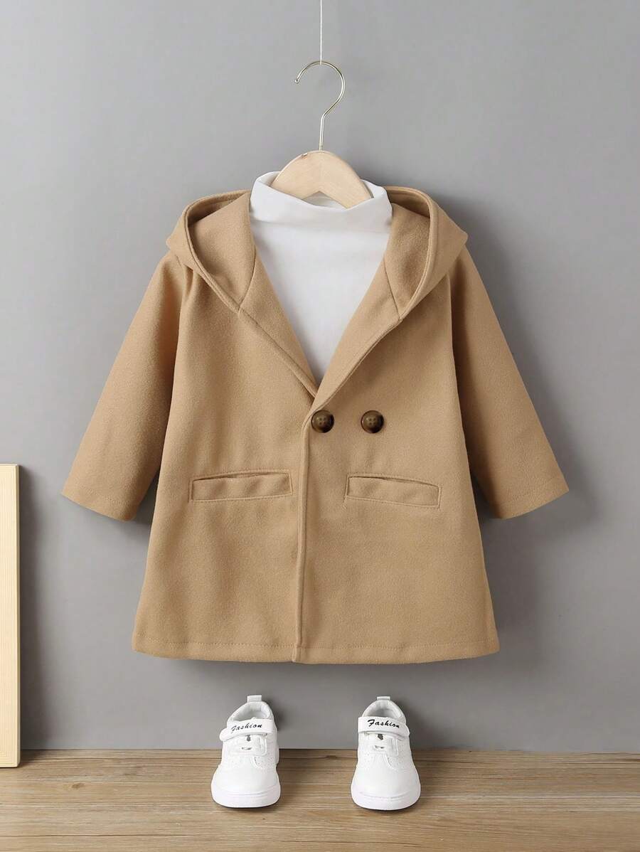 Toddler Girls Solid Double Button Hooded Overcoat - Khaki - View 1