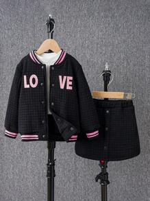 SHEIN Young Girl Letter Graphic Striped Trim Varsity Jacket & Skirt Without Tee