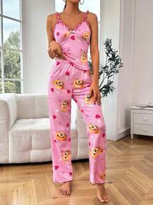 Cartoon Graphic Frill Trim Cami Top & Pants PJ Set - Pink - View 5