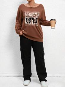 SHEIN EZwear 大碼字母圖案落肩袖套頭毛衣 - 鏽棕色 - 查看 4